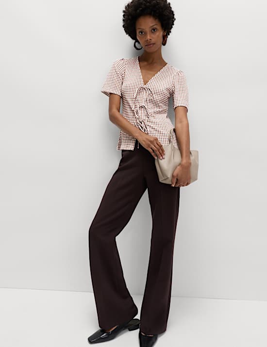 Gingham Textured V-Neck Tie Front Top