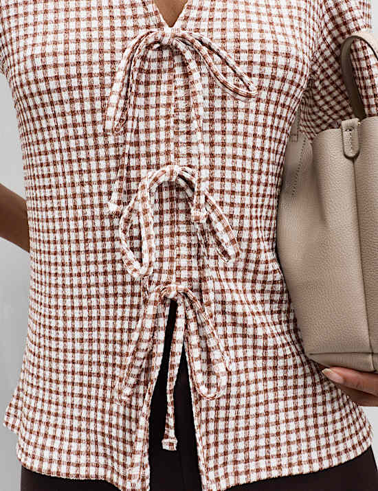 Gingham Textured V-Neck Tie Front Top