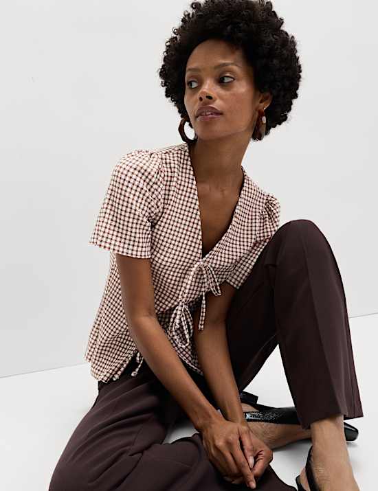 Gingham Textured V-Neck Tie Front Top