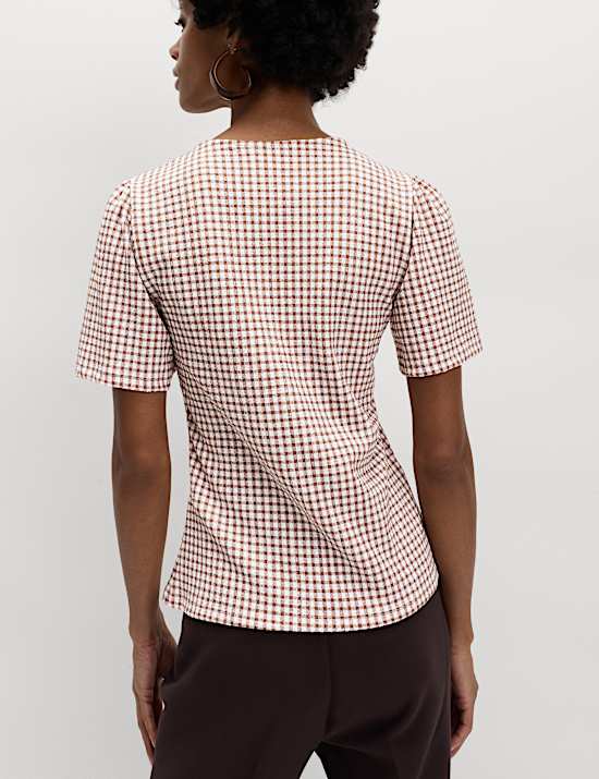 Gingham Textured V-Neck Tie Front Top