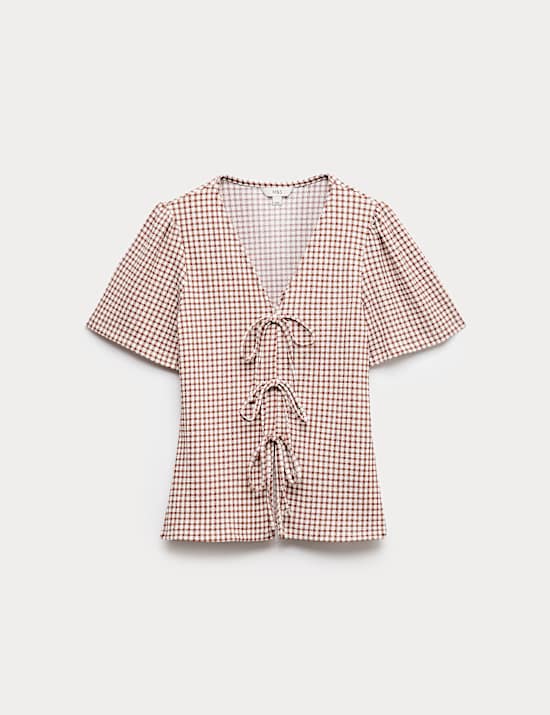 Gingham Textured V-Neck Tie Front Top