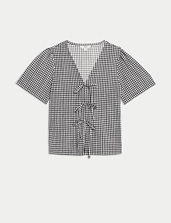 Gingham Textured V-Neck Tie Front Top