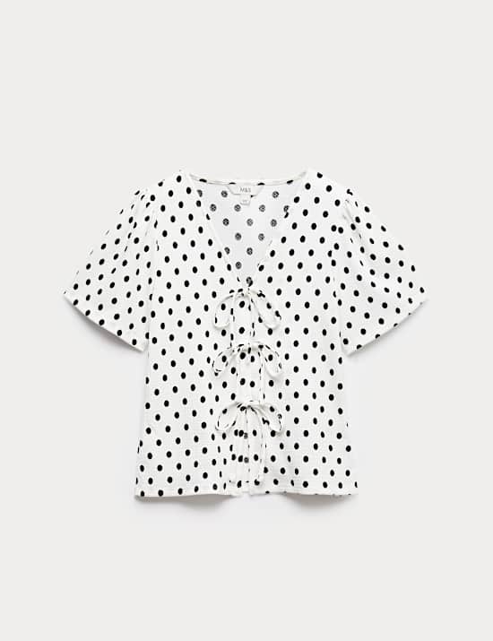 Gingham Textured V-Neck Tie Front Top