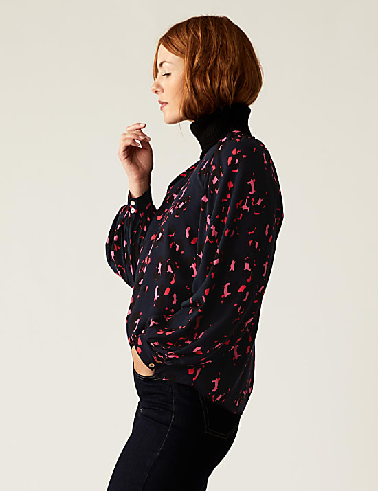Printed Crew Neck Blouson Sleeve Blouse