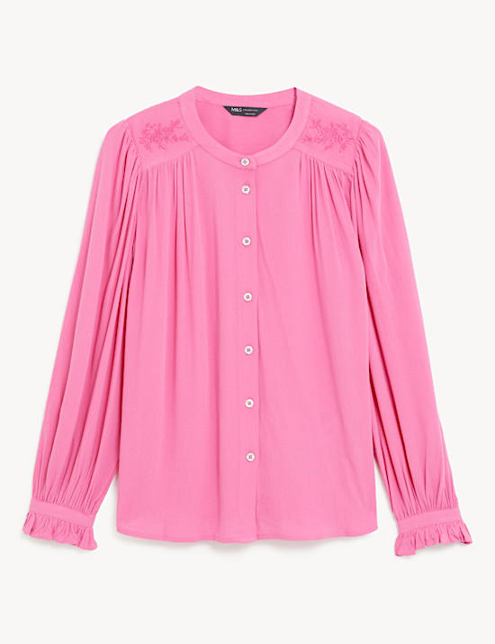 Geborduurde blouse met ronde hals en ruchedetail
