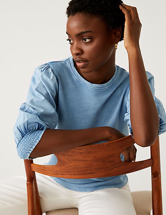 Pure Cotton Crew Neck Volume Sleeve Top