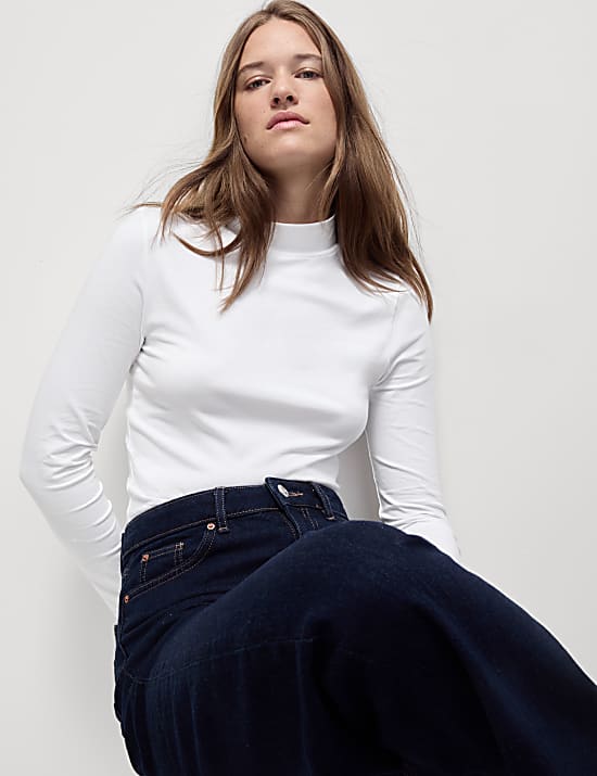 Cotton Rich Funnel Neck Slim Fit Top