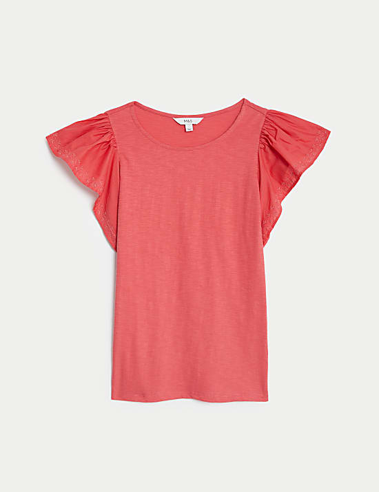 Pure Cotton Embroidered Angel Sleeve Top