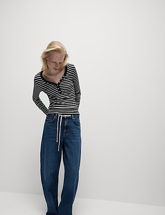 Cotton Rich Ribbed Striped V-Neck Top