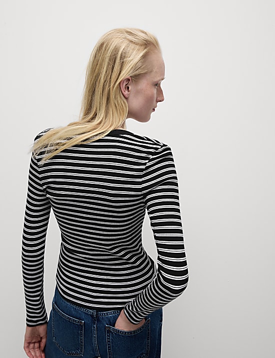 Cotton Rich Ribbed Striped V-Neck Top