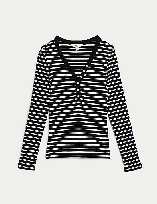 Cotton Rich Ribbed Striped V-Neck Top