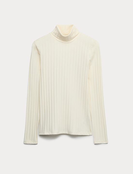 Cotton Blend Funnel Neck Long Sleeve Top