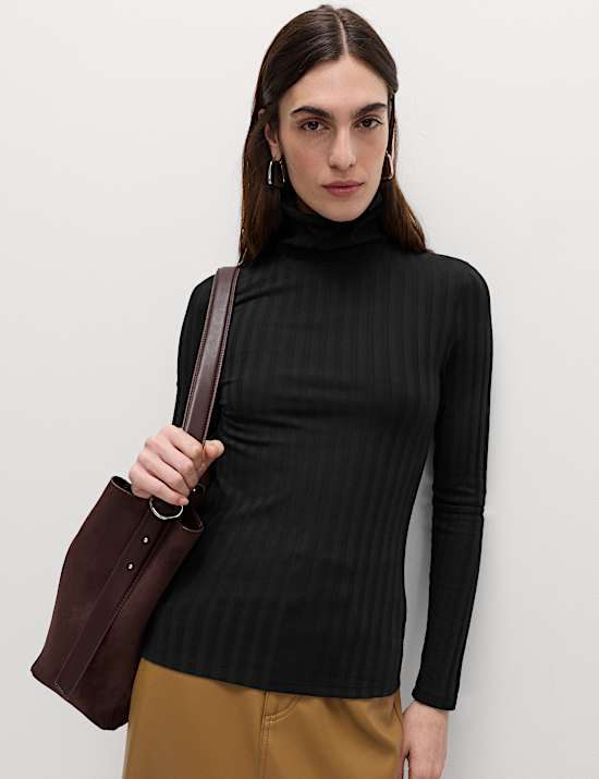 Cotton Blend Funnel Neck Long Sleeve Top