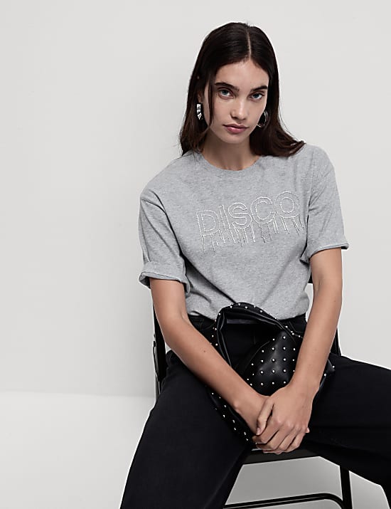 Pure Cotton Embellished Slogan T-Shirt