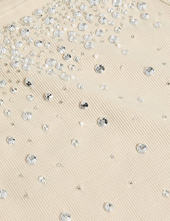 Verziertes Trägeroberteil mit hohem Baumwollanteil und Rundhalsausschnitt