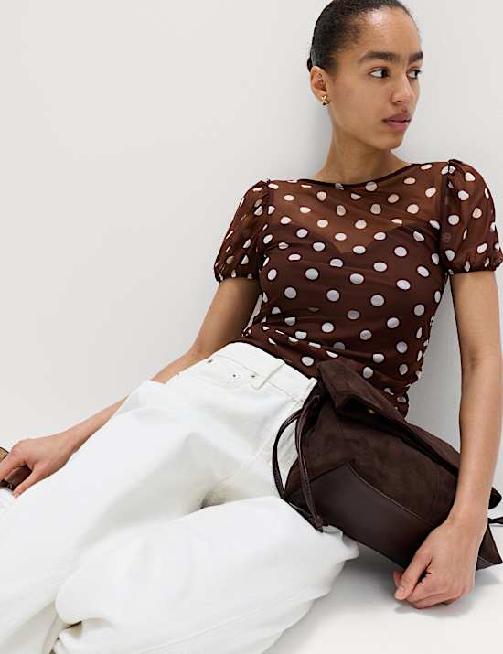 Mesh Polka Dot Fitted Top