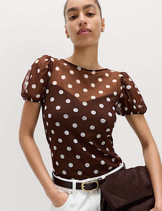 Mesh Polka Dot Fitted Top