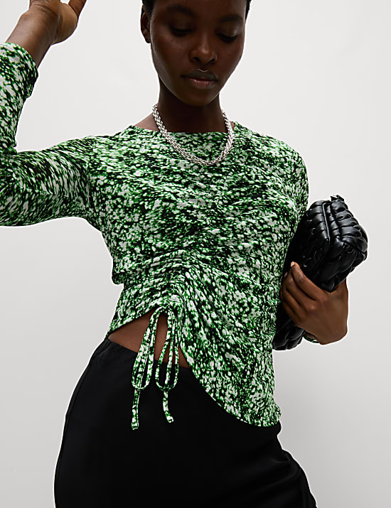 Long Sleeve Printed Ruched Mesh Top