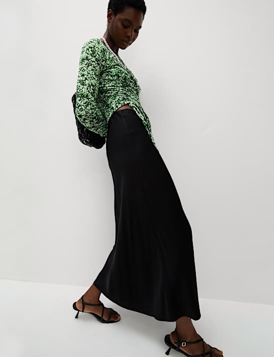 Long Sleeve Printed Ruched Mesh Top