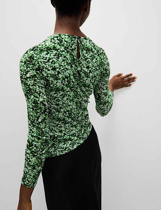 Long Sleeve Printed Ruched Mesh Top