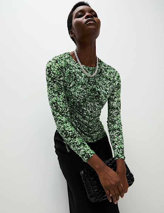 Long Sleeve Printed Ruched Mesh Top