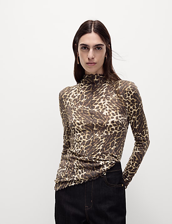 Lyocell Blend Animal Print Funnel Neck Top