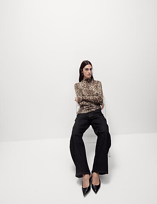 Lyocell Blend Animal Print Funnel Neck Top