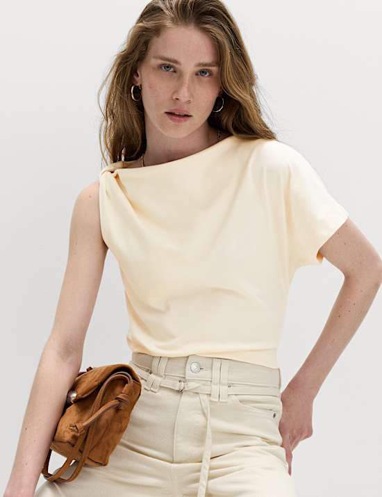 Pure Cotton One Shoulder Drape Top