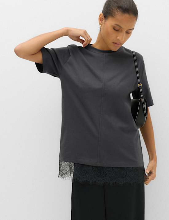 T-shirt 100 % coton &agrave; ourlet en dentelle