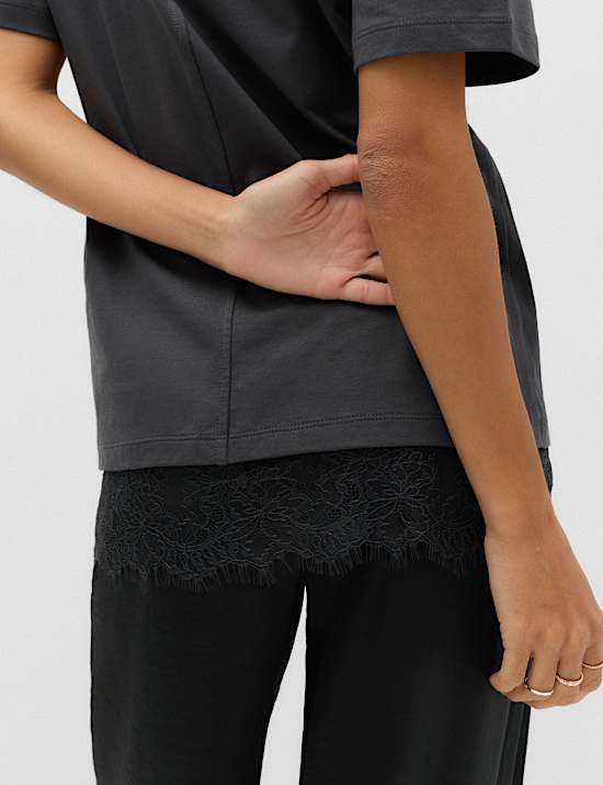 T-shirt 100 % coton &agrave; ourlet en dentelle