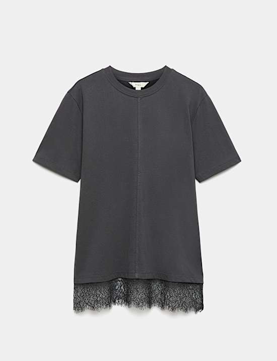 T-shirt 100 % coton &agrave; ourlet en dentelle