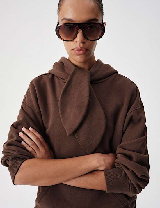 Pure Cotton Relaxed Tie Neck Hoodie