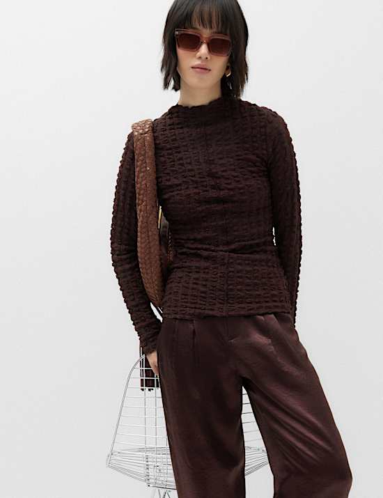 Long Sleeve Funnel Neck Textured Top