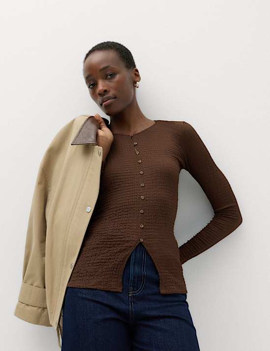 Textured Button Detail Long Sleeve Top