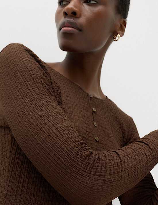 Textured Button Detail Long Sleeve Top