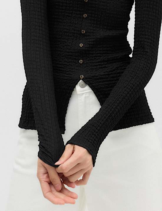 Textured Button Detail Long Sleeve Top