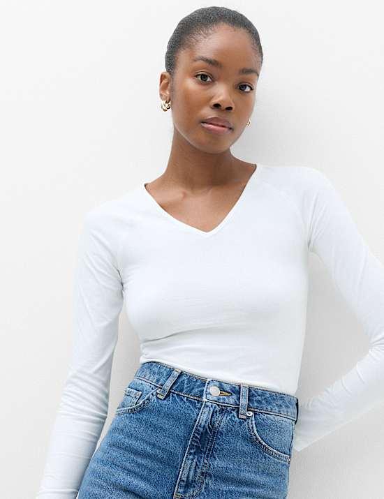 Cotton Rich V-Neck Raglan Sleeve Top