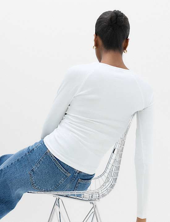 Cotton Rich V-Neck Raglan Sleeve Top