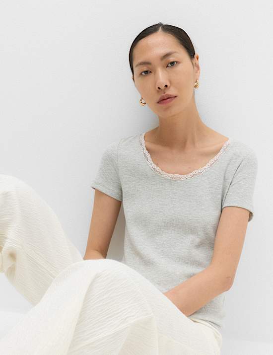 Ribbed Lace Scoop Neck Short Sleeve Top
