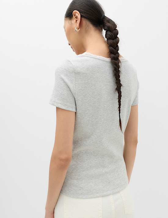 Ribbed Lace Scoop Neck Short Sleeve Top