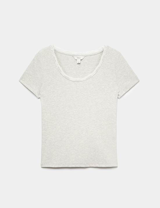 Ribbed Lace Scoop Neck Short Sleeve Top