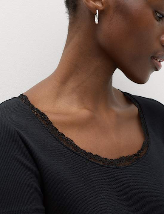 Ribbed Lace Scoop Neck Short Sleeve Top