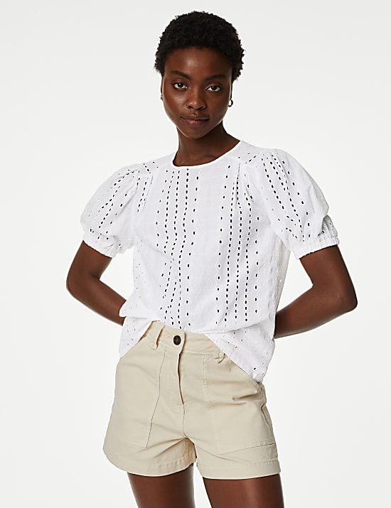 Pure Cotton Broderie Puff Sleeve Blouse