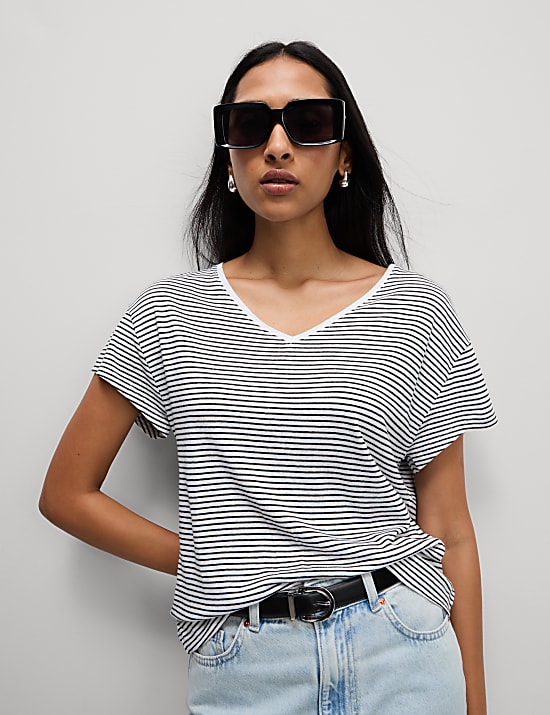 Linen Blend Striped V-Neck T-Shirt