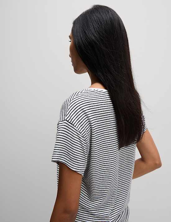 Linen Blend Striped V-Neck T-Shirt