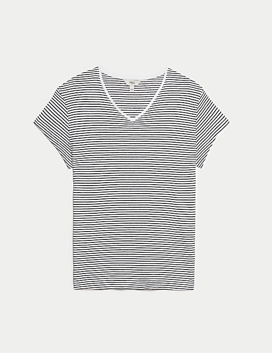 Linen Blend Striped V-Neck T-Shirt