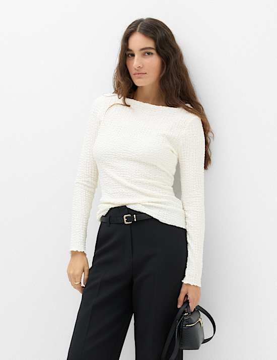 Slash Neck Textured Long Sleeve Top