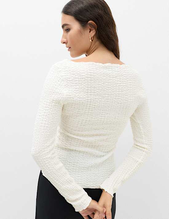 Slash Neck Textured Long Sleeve Top