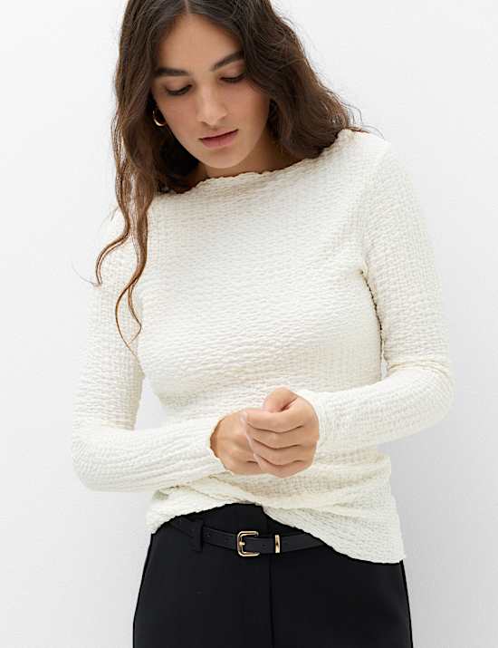 Slash Neck Textured Long Sleeve Top