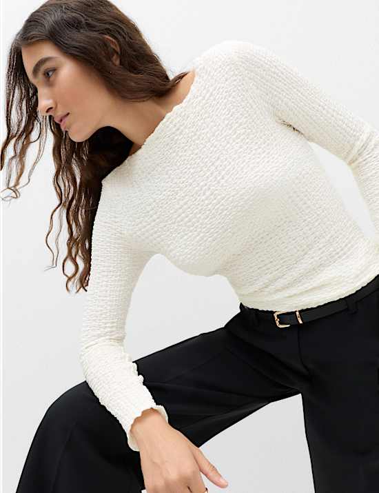 Slash Neck Textured Long Sleeve Top